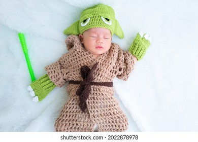 Bangkok, Thailand - August 22, 2021: Cute Newborn Baby In A Grogu Costume