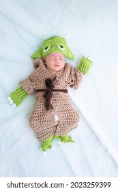 Bangkok, Thailand - August 22, 2021: Cute Newborn Baby In A Grogu Costume