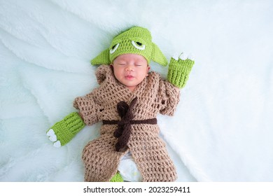 Bangkok, Thailand - August 22, 2021: Cute Newborn Baby In A Grogu Costume