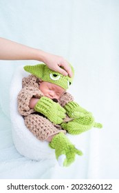 Bangkok, Thailand - August 22, 2021: Cute Newborn Baby In A Grogu Costume