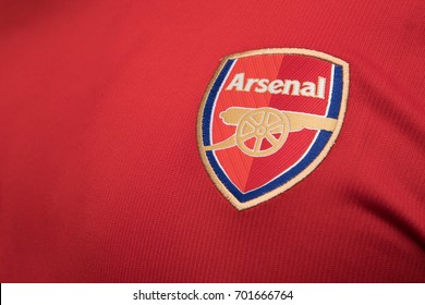 BANGKOK, THAILAND - AUGUST 23: the logo on Arsenal Football Jersey on August 22,2017
