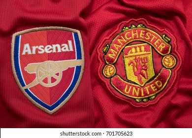 BANGKOK, THAILAND - AUGUST 23: the logo of  Arsenak and Everton on Football Jersey on August 23,2017
