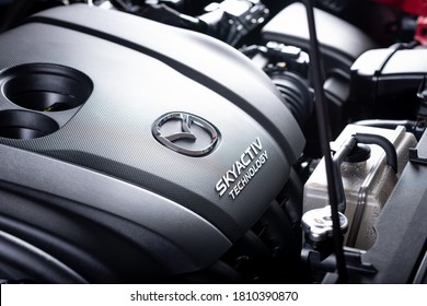 BANGKOK, THAILAND - AUGUST 24, 2020: The Mazda 2.0L SKYACTIV engine in All New Mazda CX-5. SKYACTIV is a brand name for a series of technologies developed by Mazda.