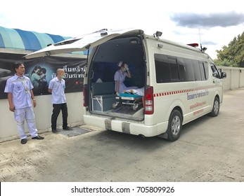 BANGKOK, THAILAND – AUGUST 25, 2017: A Company Conduct Rehearsal Fire Evacuation (fire Drill). Patient And Nurse Are In The Ambulance.