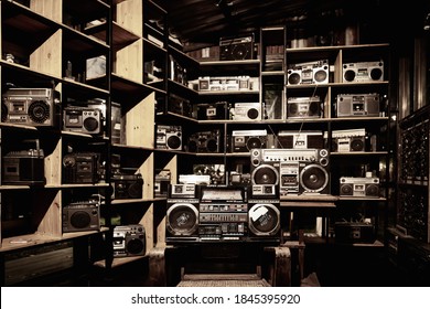 Bangkok, Thailand - August 26, 2019 : Portable Stereo Boombox Radio Receiver Collection In ChangChui, Sirindhorn Rd, Bang Phlat, Bangkok.