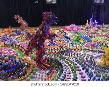 BANGKOK, THAILAND - AUGUST 29, 2019: Jurassic Plastic Exhibition By Japanese Artist Hiroshi Fuji On 29 August - 14 October 2019 At Changchui Creative Park.All Sculptures Were Made From Unwanted Toys.