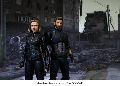 Bangkok, Thailand - August 29,2018: The Setting Of Black Widow And Captain America, Action Figures Display From Famous Marvel Comic.