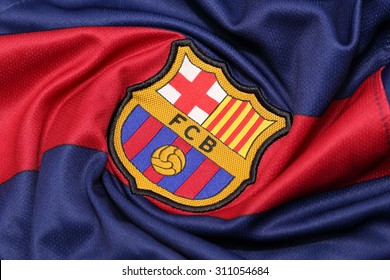 BANGKOK, THAILAND -AUGUST 30, 2015: the logo of Barcelona football club on an official jersey on August 30, 2015 in Bangkok Thailand.