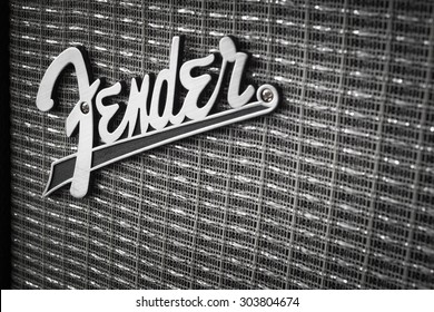 BANGKOK, THAILAND - AUGUST 4 : Fender Logo on Guitar Power Amplifier as vintage background music theme, Bangkok, Thailand on 4 August 2015
