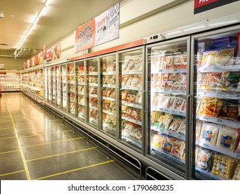 BANGKOK, THAILAND - August 5, 2020: Ready Meal Frozen Foods Display In Refrigerators At Makro FoodService.