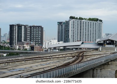  Bangkok, Thailand - August 5th, 2022 : MRT Sky Train Railway Route In City With Skyscraper Buildings Background.               