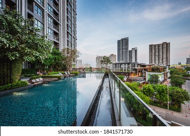 BANGKOK, THAILAND - AUGUST 6, 2018 : View of luxury condominium The Base Park East in Sukhumvit 77 AUGUST 6, 2018 in Thai capital Bangkok