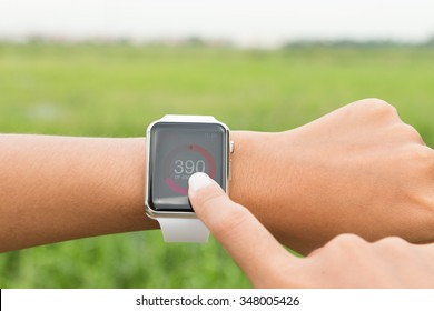 Bangkok, Thailand - Dec 5, 2015 : Closeup Runner Using Apple Watch Check Healthy Application