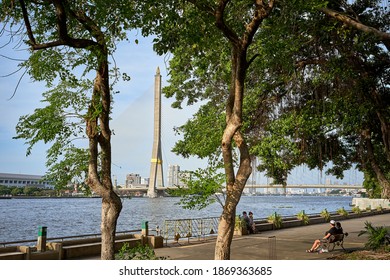BANGKOK, THAILAND - DEC 6, 2020 : The Rama VIII bridge at Phra Sumen Fort and Santichai Prakan Park, a cable-stayed bridge over the Chao Phraya River in Bangkok, built in 2002.