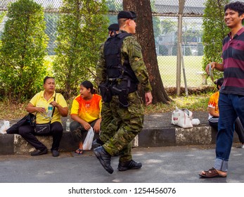 BANGKOK, THAILAND - DECEMBER 1, 2018: Counter-Terroism Operations Center Soldiers Patrol The Roads Around Supachalasai Stadium During The Un Ai Rak Royal Event. Military And Security.