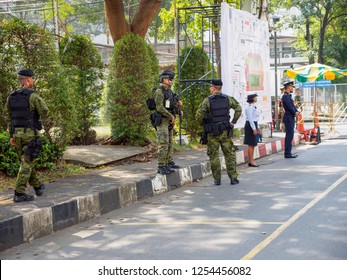 BANGKOK, THAILAND - DECEMBER 1, 2018: Soldiers From The Counter-Terroism Operations Center Patrol Supachalasai Stadium During The Un Ai Rak Royal Event. Military And Security.