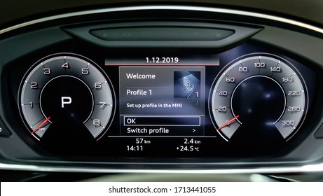 Bangkok, Thailand - December 1, 2019: The Cockpit Virtual Display Of Audi A8L 55TFSI Quattro Showcase At The Thailand International Motor Expo 2019 At Impact Challenger Hall