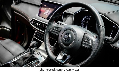 Bangkok, Thailand - December 1, 2019: The Luxury Sport Leather Steering Wheel Of MG HS Showcase At The Thailand International Motor Expo 2019 At Impact Challenger Hall