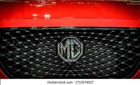 Bangkok, Thailand - December 1, 2019: The Front Grille Of Red MG HS Showcase At The Thailand International Motor Expo 2019 At Impact Challenger Hall