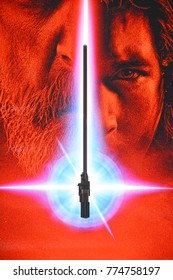 Bangkok, Thailand - December 10, 2017: Photo Spot With Lightsaber (Laser Sward) Star Wars: Episode VIII - The Last Jedi Displays At The Theater