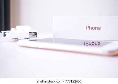 Bangkok, Thailand - December 10, 2017 : A Photo of iPhone 8 , Gold color. Iphone 8 is designed by Apple California. Iphone 8 official launched date is September 22, 2017. Now it is available worldwide.