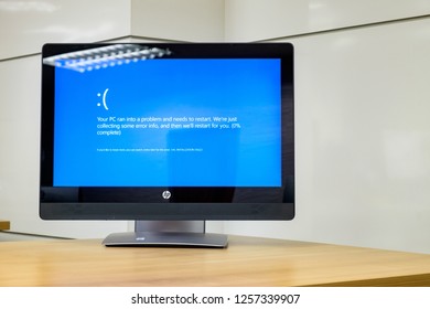 BANGKOK, THAILAND - December 13: Computer Room Excise Department On December 13,2018 In Bangkok, Thailand. Monitor Computer Showing  Microsoft Windows 10 Error Dead Blue Screen For Problem