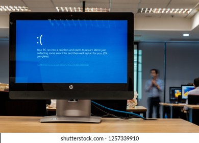 BANGKOK, THAILAND - December 13: Computer Room Excise Department On December 13,2018 In Bangkok, Thailand. Monitor Computer Showing  Microsoft Windows 10 Error Dead Blue Screen For Problem