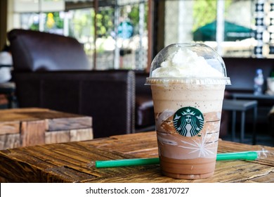 BANGKOK, THAILAND - December 15, 2014: Glass Of Starbuck Coffee Frappuccino Blended Beverages. Starbucks Is The World's Largest Coffee House With Over 20,000 Stores In 61 Countries.