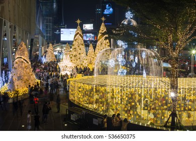 Bangkok, Thailand - December 15, 2016 : Thai people at Light Up Christmas Tree Celebration 2017 at Central World, Christmas day and Happy new year event in Bangkok, Thailand