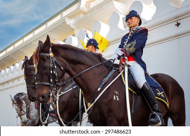 BANGKOK, THAILAND - DECEMBER 19: Wat Phra Kaew in Bangkok, Thailand on December 19, 2014. Unidentified Royal Horse Guards are on duty at Thai grand palace
