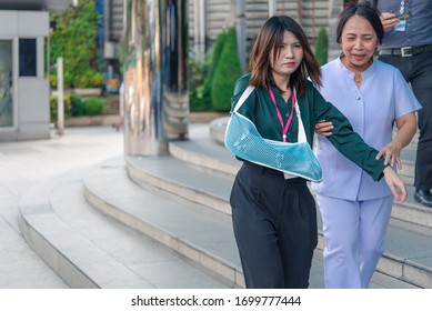 Bangkok, Thailand - December 20, 2019 : Many Working People Preparedness For Fire Drill Or Other Disaster At Office In Bangkok Thailand