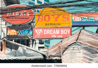 BANGKOK (THAILAND) - DECEMBER 2017: Pat Pong, The Red Light District In Bangkok. Signage For Gay Bars And Clubs