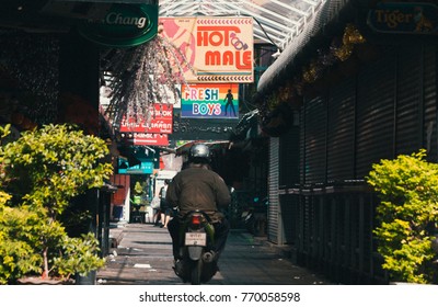 BANGKOK (THAILAND) - DECEMBER 2017: Pat Pong, The Red Light District In Bangkok. Signage For Gay Bars And Clubs