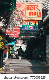 BANGKOK (THAILAND) - DECEMBER 2017: Pat Pong, The Red Light District In Bangkok. Signage For Gay Bars And Clubs