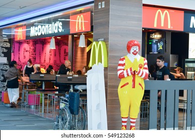 Bangkok, THAILAND - December 21, 2016: Ronald McDonald character near McDonalds restaurant. Ronald McDonald is a clown character used as the primary mascot of the McDonalds restaurant chain.