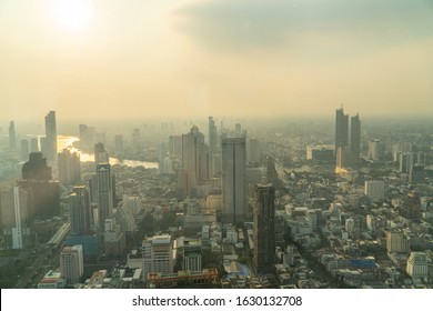 BANGKOK, THAILAND, December 25, 2019: Aerial view photo panoramic skyline of Bangkok at sunset from King Power Mahanakhon, Bangkok, Thailand (series)