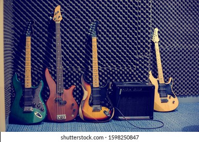 Bangkok Thailand : December 26, 2019 : The Electric Guitars And Bass Guitars With Amplifiers In The Music Practice Room. Music Practice Equipment Concept.