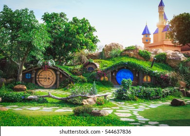 Bangkok, Thailand - December 27 2016 : Fantasy meadow with colorful houses and palace