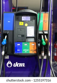 Bangkok, Thailand - December 3, 2018 : Self Serve Station At Thai Petrol Pump Filling Nozzles , PTT Gas Station.