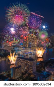 Bangkok, Thailand. December 31, 2020.
Beautiful Firework With Multi Colors At Chao Phraya River With View Of Bangkok Cityscape For Count Down New Year Festival.