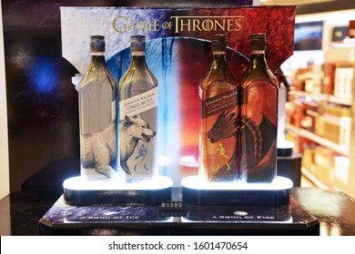 Bangkok, Thailand – December 9, 2019: Game Of Thrones Johnnie Walker A Song Of Ice And A Song Of Fire Limited Edition Scotch Whisky Is A Special Collection Inspiring From The Monster From HBO Series.