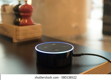 BANGKOK, THAILAND - Fabruary 2 : Selective focus on Amazon Echo dot version 2, the voice recognition streaming device from Amazon in coffee shop on Fabruary 2 2017 in BANGKOK, THAILAND