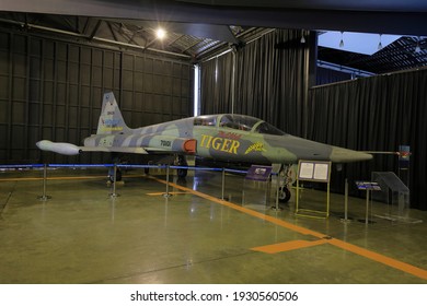 BANGKOK, THAILAND - FEB 2021: The First F5B Tiger II ( The Oldest Tiger II ) Display At Royal Thai Air Force Museum Don Mueang.