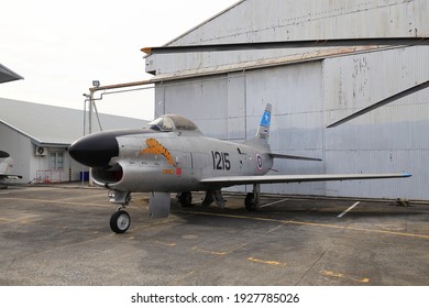 BANGKOK, THAILAND - FEB 2021:  Jet Fighter North American F86 F Sabre Display At Royal Thai Air Force Museum Don Mueang.