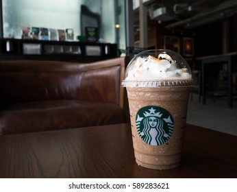 Bangkok, Thailand - Feb 27, 2017 : A Cup Of Starbuck Coffee Beverages. Salted Caramel Mocha Crumble Frappuccino.