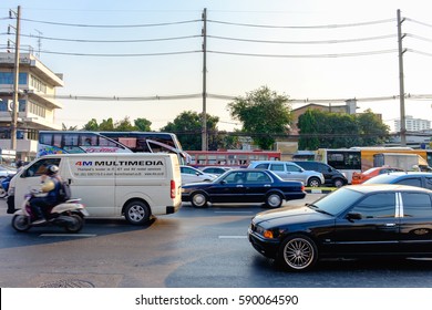 Bangkok, Thailand - Feb. 28, 2017: Traffic moves slowly along a busy road in Bangkok, Thailand. Because The Thai-Belgian bridge on Rama IV Road in Pathumwan district will be closed for repairs.