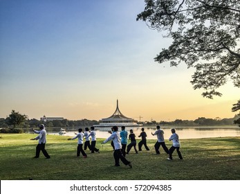 Bangkok, Thailand - Feb 5, 2017 : Chinese Exercise In The King Rama9 Park, Kung Fu, Taichi