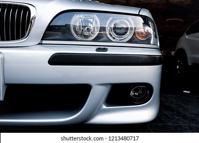 BANGKOK, THAILAND - FEBRUARY 10, 2018: The BMW 5 Series E39 M5 Headlight And Fog Lamp After Polishing And Cleaning. Illustration Of Projector And Lens Details. Concept Of Car Detailing And Restoration