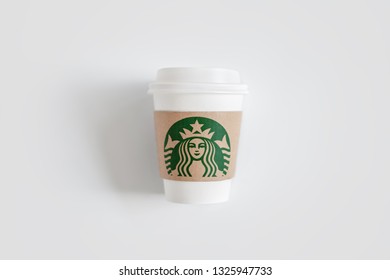 Bangkok ,Thailand - February 11 2019 : A Cup Of Starbucks Coffee With Logo Isolated On Pink Background.