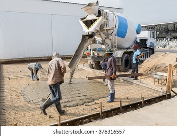 Bangkok, Thailand, and February 12, 2016.:Truck loads of concrete poured into the concrete at a construction site in Bangkok, Thailand.